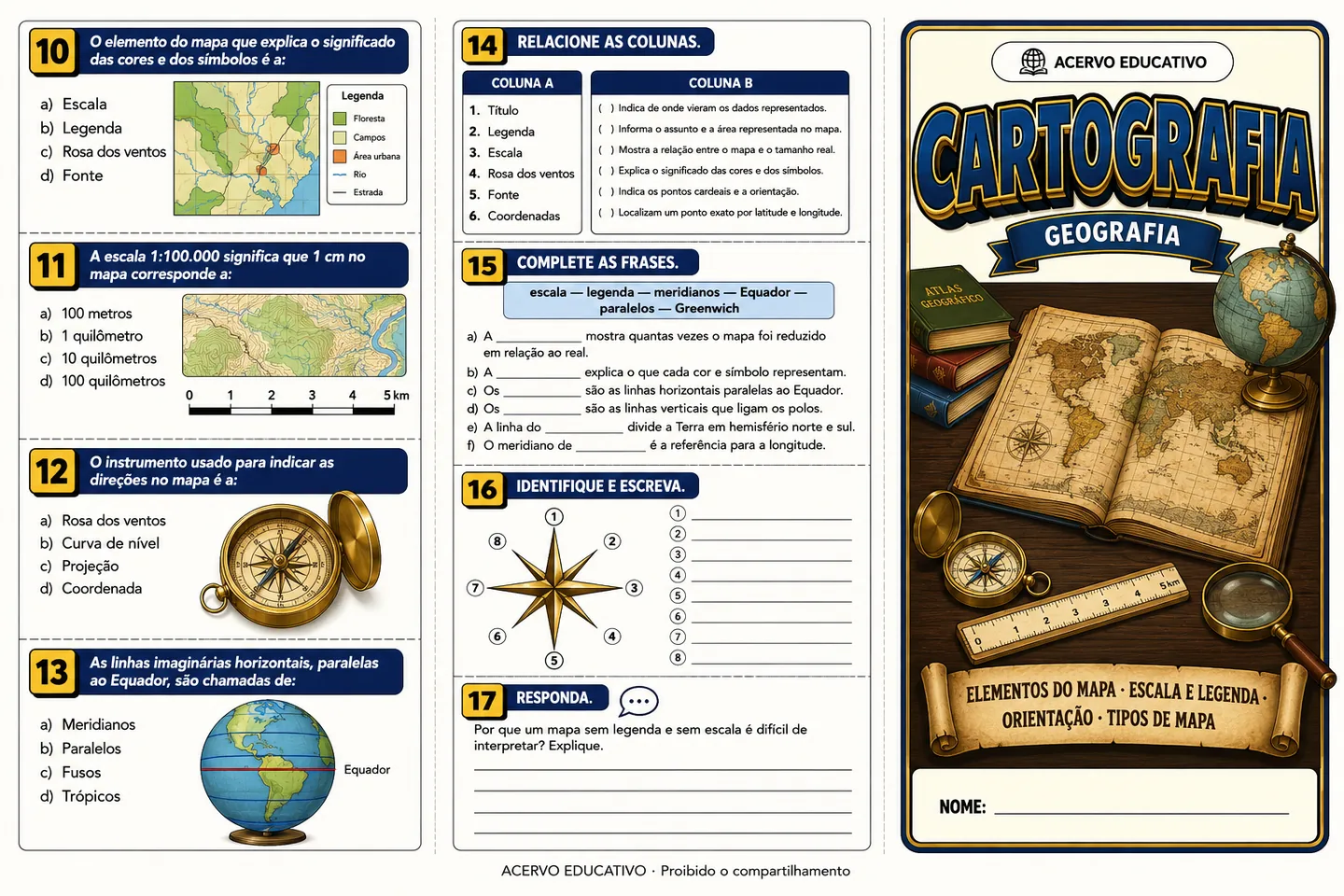 Folder ilustrado — Cartografia: elementos do mapa, legenda e escala