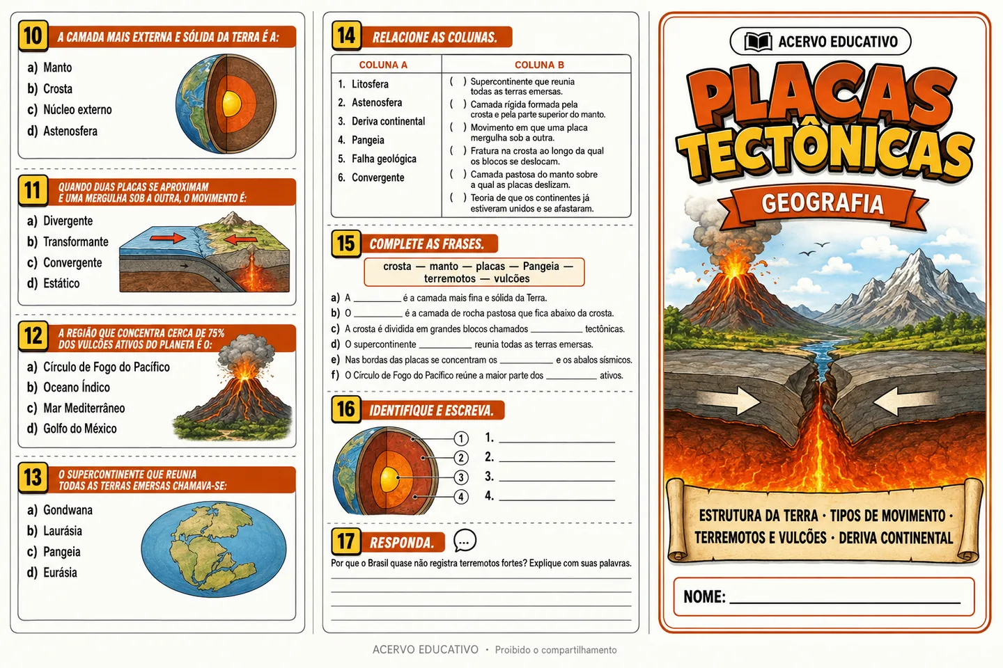Folder ilustrado — Estrutura interna da Terra e placas tectônicas