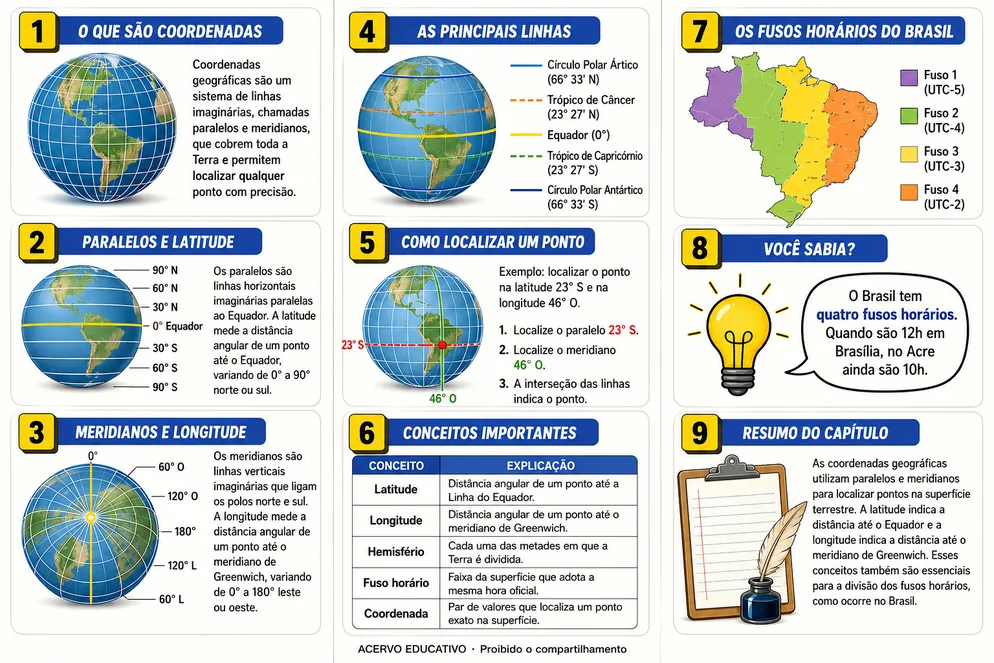 Folder ilustrado sobre cartografia e leitura de mapas